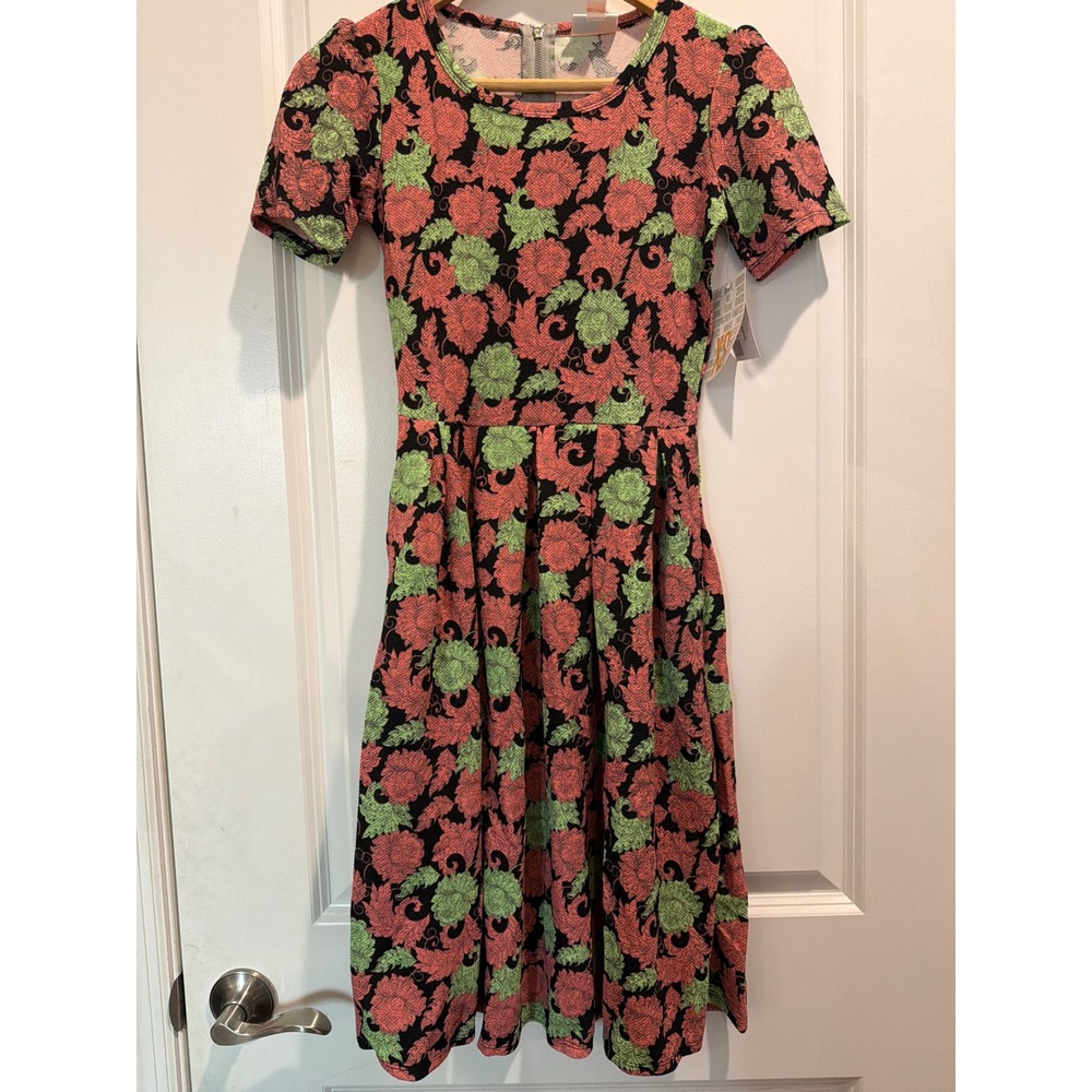 LuLaRoe Amelia Dress XS Floral Pink Green Black Short Sleeve Zipper Back Pleated